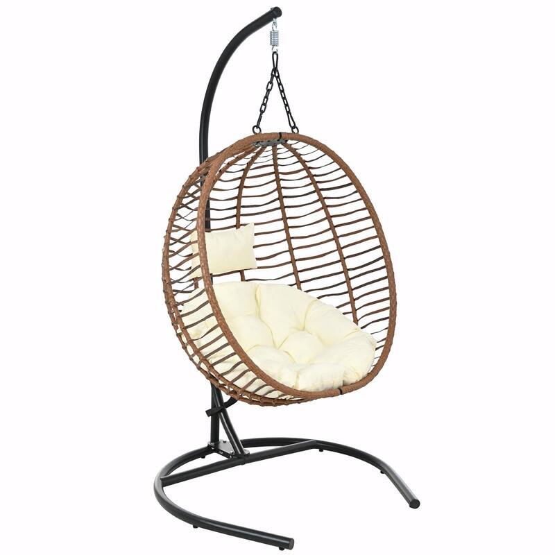 Single Person Folding Egg Chair with Stand, Indoor Outdoor Hanging Wicker Swing Chair with Adjustable Feet