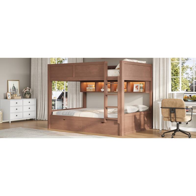 Roomfitters Full XL Over Full XL Bunk Bed with Storage Cabinets, LED Light and Drawers