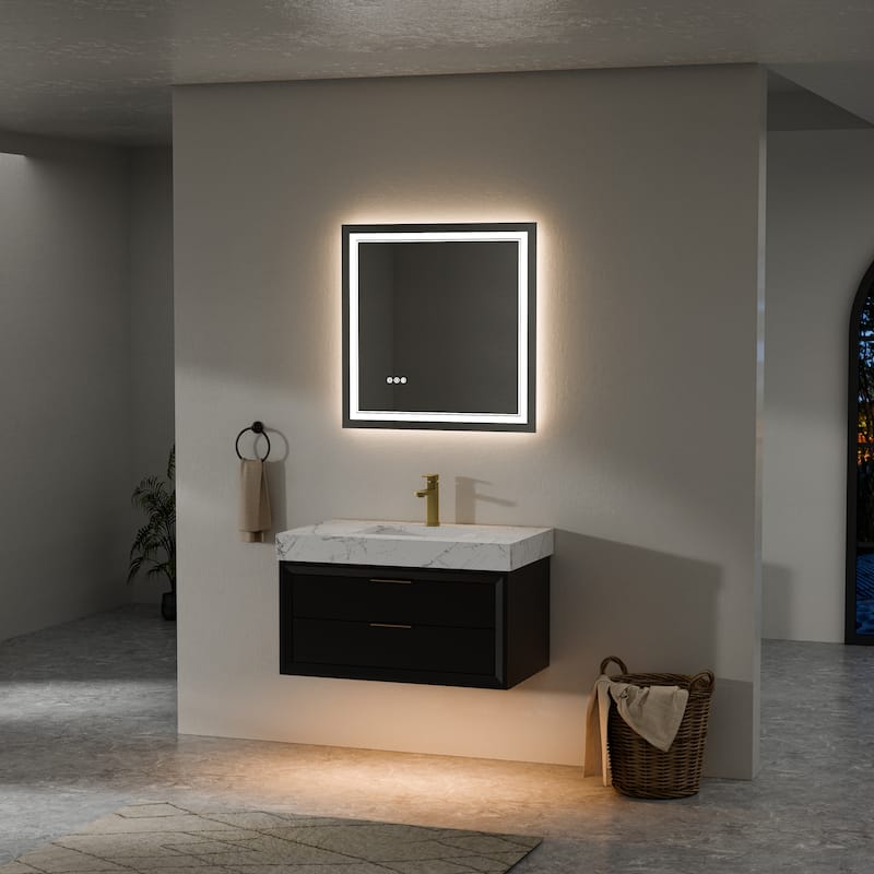 Modland 36/48/60 Inch Black Floating Bathroom Vanity with ETL LED Lights & Soft-Close Drawers, Waterproof Rubberwood