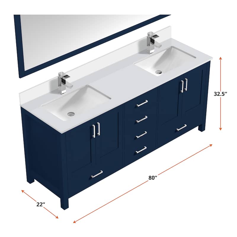 Jacques 80 in. W x 22 in. D White Bath Vanity, Cultured Marble Top, Faucet Set, and 30 in. Mirror