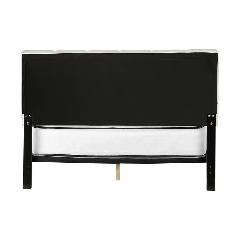 Queen Size Upholstered Platform Bed with Tufted Headboard and Black Wood Legs