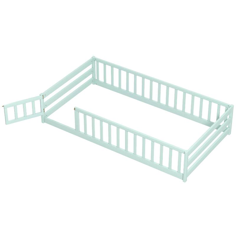 Costway Twin Size Floor Bed with Door & Fence with Safety Guardrails &