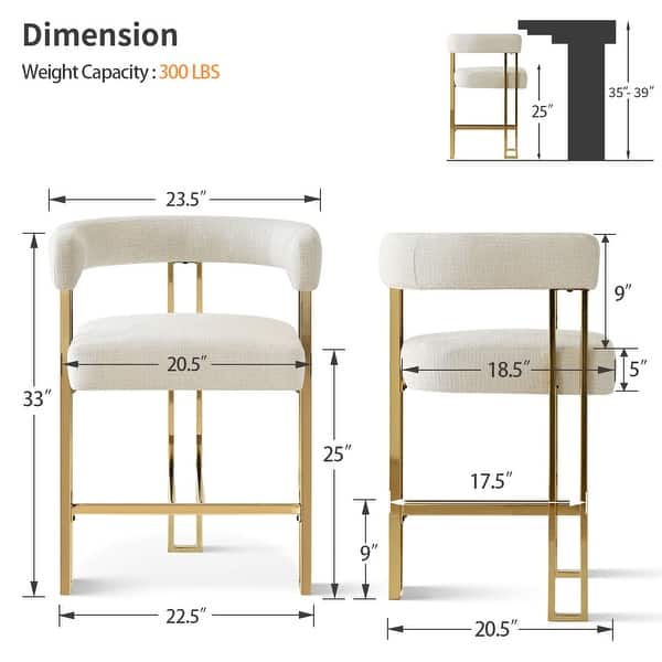 dimension image slide 3 of 6, 25" Seat Height Upholstered Chenille Gold Metal Counter Stool