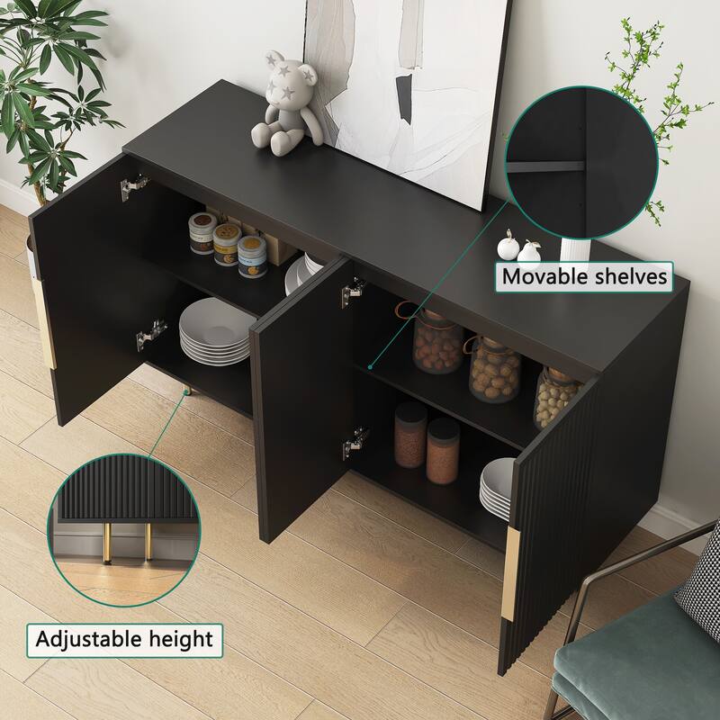 Anmytek Black Fluted Modern Buffet Cabinet Large Storage Sideboard with Adjustable Shelves Accent Console Table