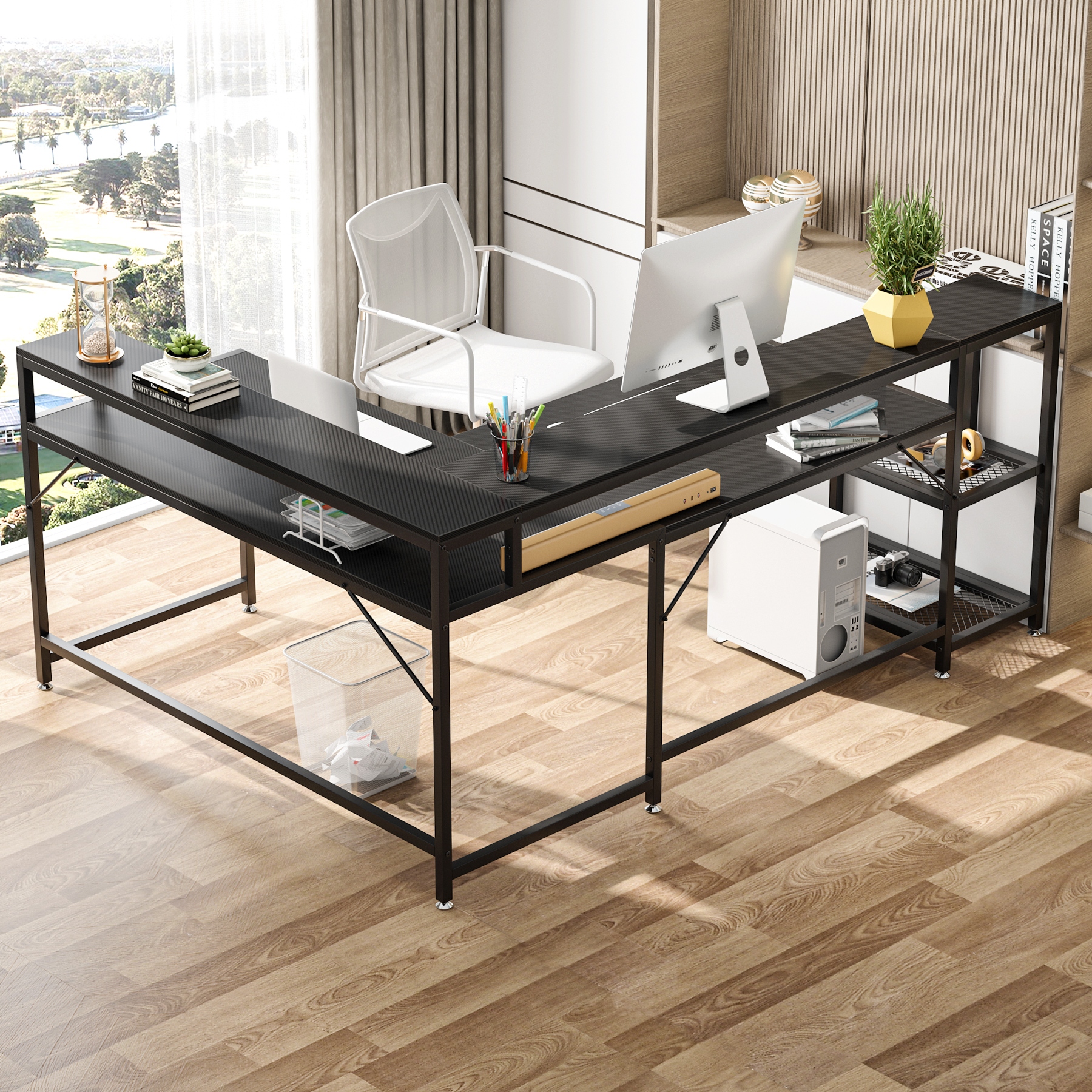 L Shaped Desk with Monitor Shelf Reversible Corner Computer Desk for Office Home 69