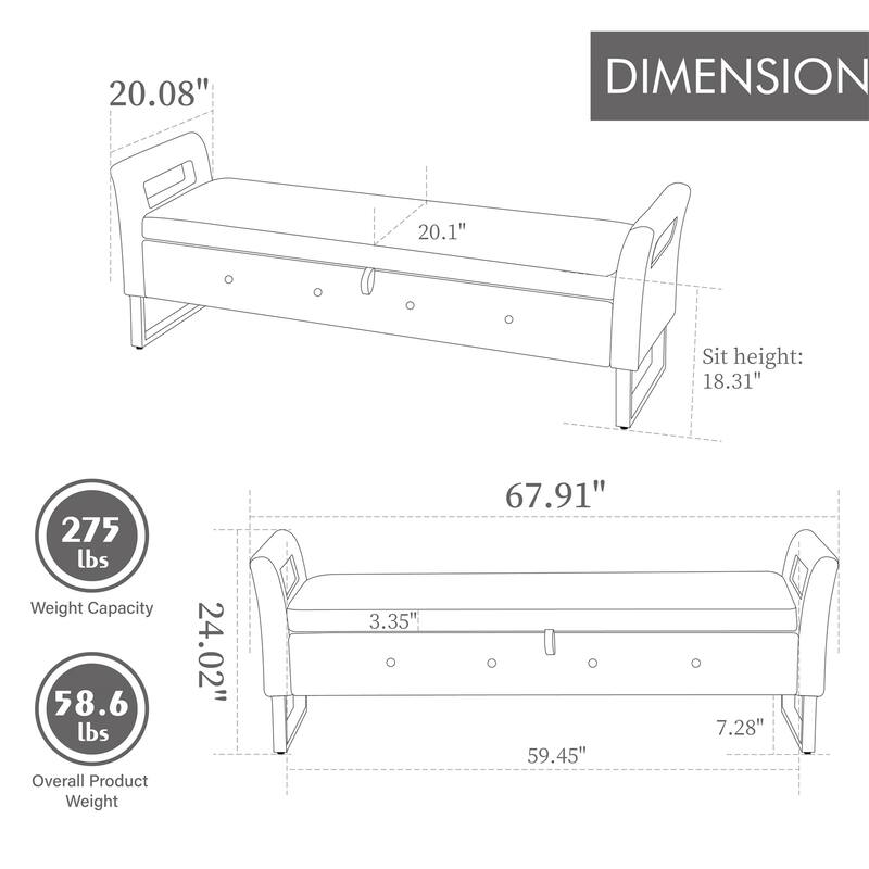 67.91" Velvet Storage Bench with Armrests and Wood Frame for Bedroom
