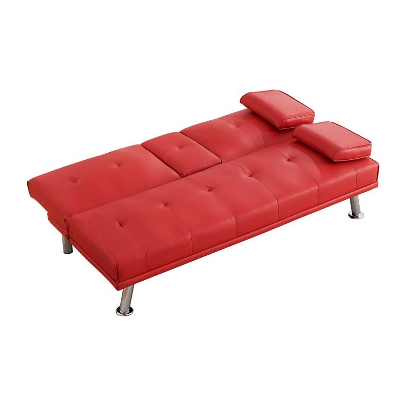 Roomfitters 67-Inch Red Faux Leather Convertible Futon Sofa Bed, Modern Sleeper Couch with Cup Holders for Small Spaces