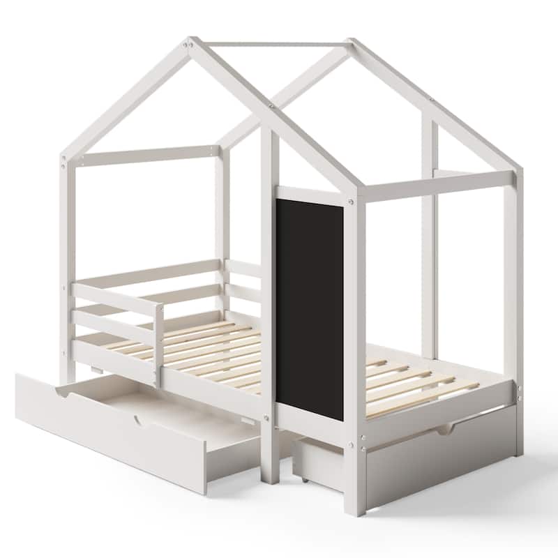 Roomfitters Size House Bed with Blackboard Panels and Storage Drawers, Two Assembly Options, White