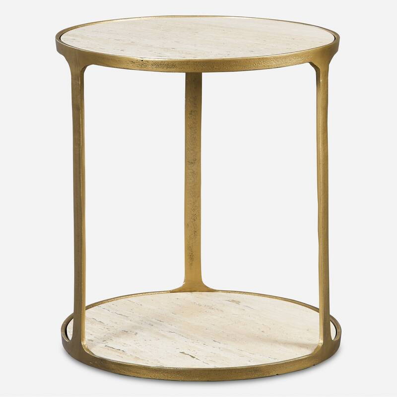 Travertine Side Table - 23.25" - Antique Brass Finish