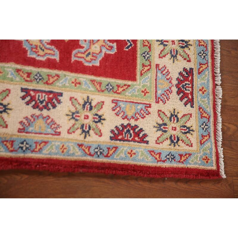 Geometric Red Kazak Accent Rug Handmade Wool Carpet - 3'4"x 5'1"
