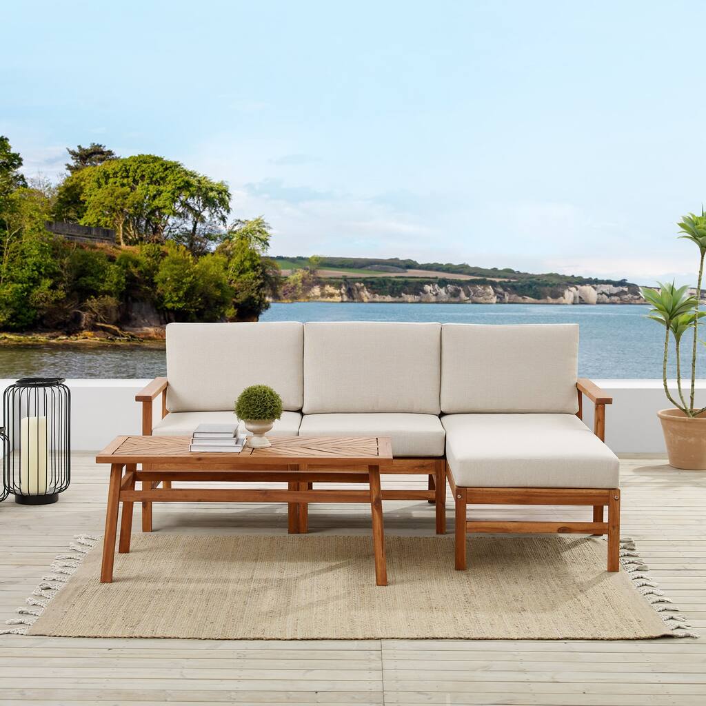 Walker Edison Solid Acacia Sofa-Chaise and Coffee Table