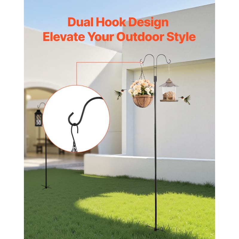 Black Bird Feeder Pole with Hooks 8 Pcs Dual-Arm Shepherd Hooks for Hanging Plants and Lanterns - 11.61” x 9.84” x 107.48”