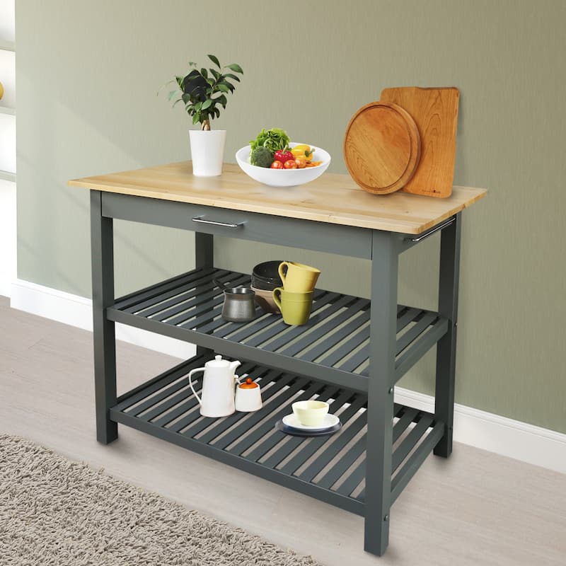 2-shelf Natural Solid Wood Top Kitchen Island - N/A