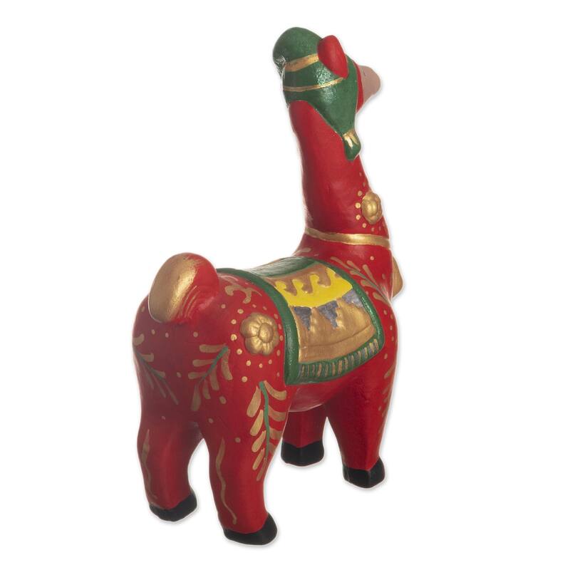 Novica Handmade Holiday Llama In Red Ceramic Statuette