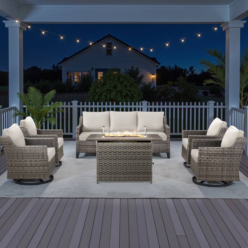 Pocassy 6 Pieces Fire Pit Table w/ Sofa Swivel Chair - Beige Cushion Gray Wicker - 6-Piece Fire Pit Table w/ Sofa Swivel Chair
