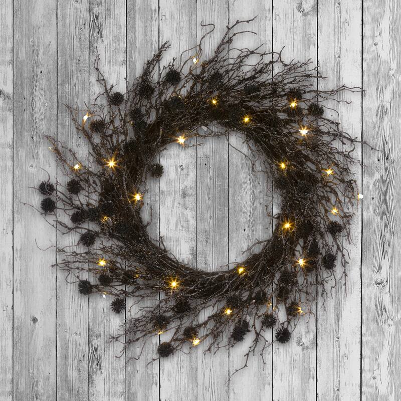 National Tree Company 24" Artificial Deadwood Twig Wreath, 30 Orange LED Lights, Battery Operated - 2 ft