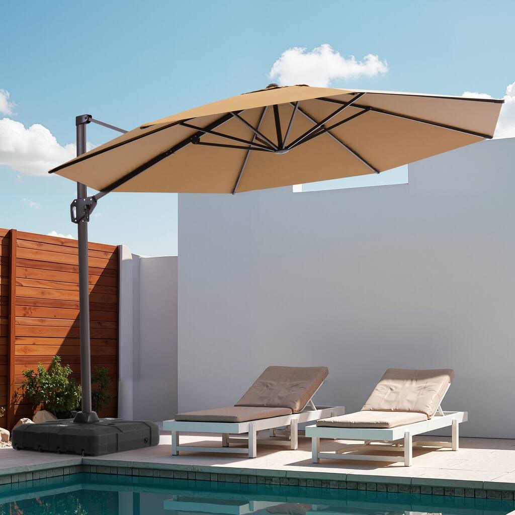 Outdoor 11 Ft Patio Cantilever 360 Degree Rotation Offset Umbrella with Base