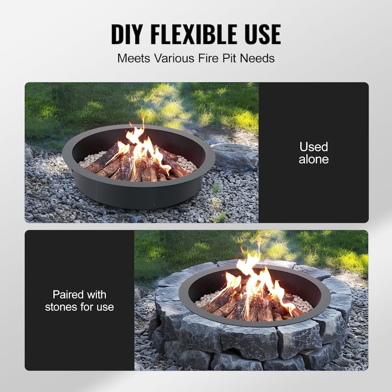 Black Carbon Steel Round Ring Fire Pit Perfect for Outdoor Special Events or Holiday Gatherings