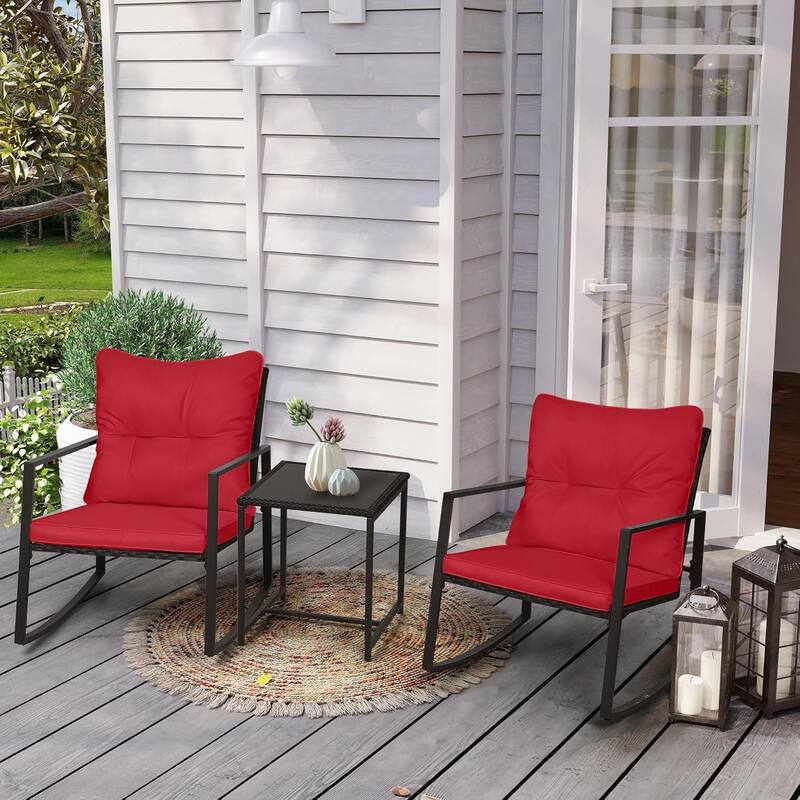 SUNCROWN 3-piece Outdoor Patio Brown/Black Wicker Rocking Chairs Conversation Bistro Set