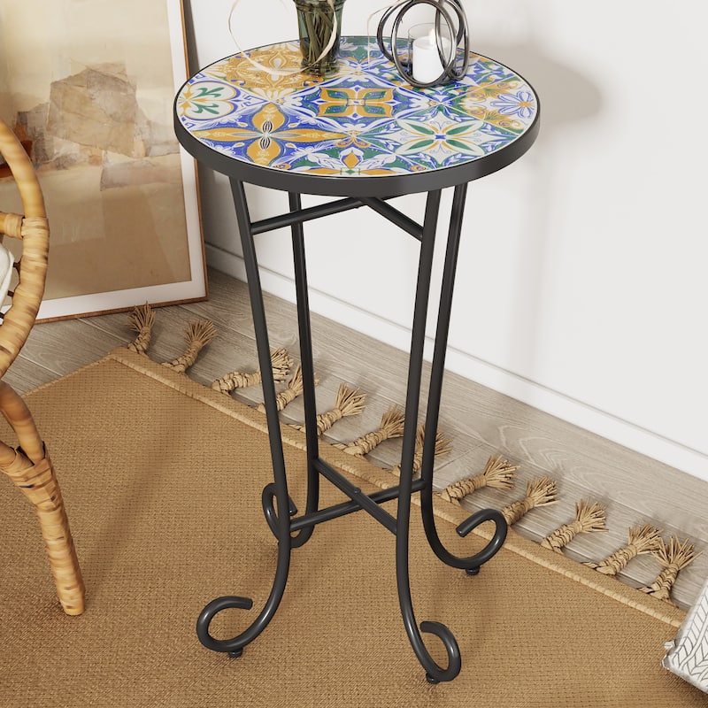 Roomfitters Mosaic Outdoor Patio Side Table with Ceramic Tile Top and Curvy Legs, Colorful - Black,Colorful