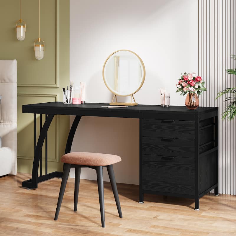 Vanity Desk with 3 Drawers, 59-Inch Large Dressing Table with Reversible Drawers, Chic Makeup Desk for Women Girls - Black