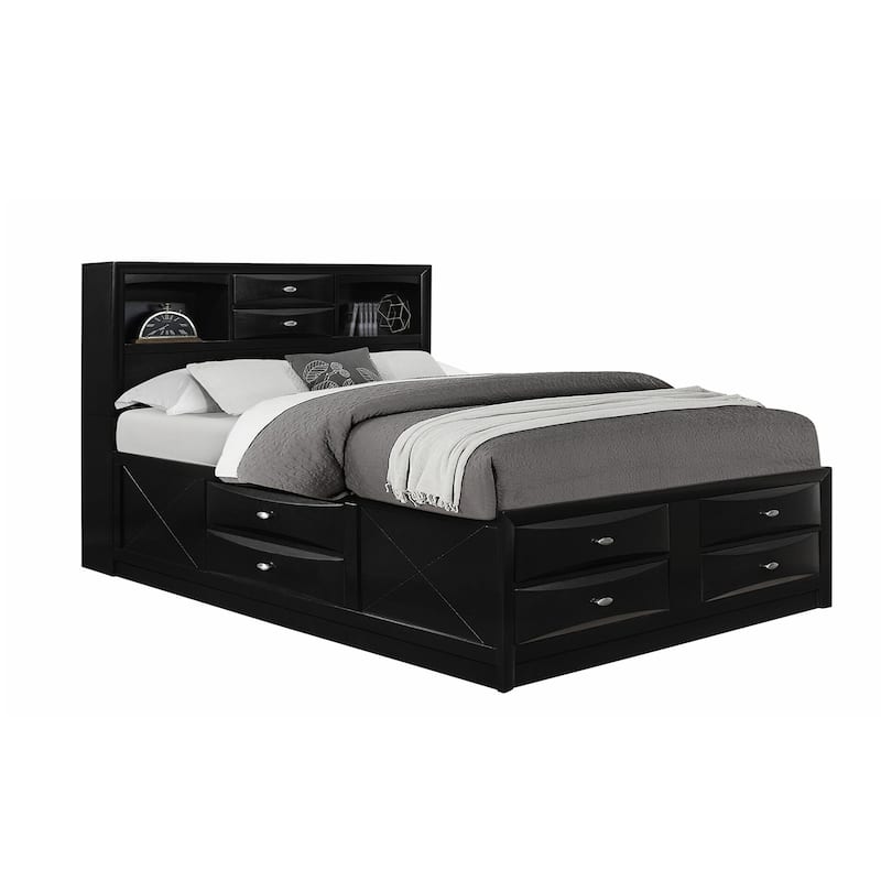 Wooden Eastern King Bed with Bookcase and Drawers - Black