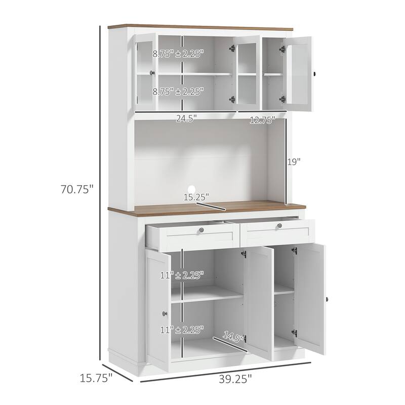 White 2 Drawers Kitchen Pantry Cabinet with Glass Doors 8 Compartments and Adjustable Shelves - 39.4" W x 15.7" D x 70.9" H