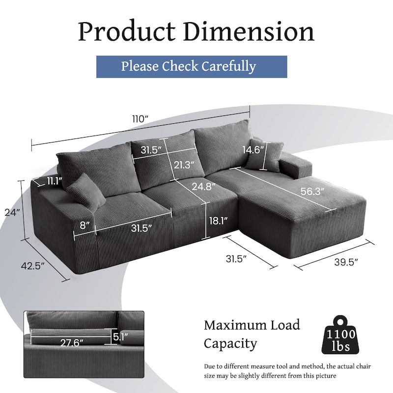 110" L-Shaped Cloud Sofa, 3-Seater Deep Seat Chaise, Plush Foam