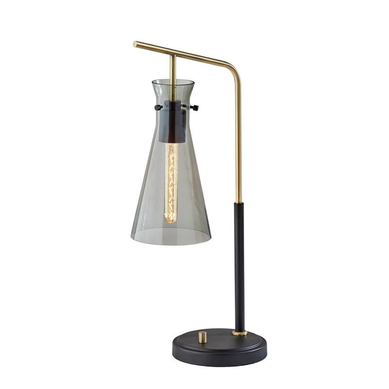 Black and Gold Metal Desk Lamp with Light Grey Glass Cone Shade and Edison Bulb - 12” x 7” x 24” (D x W x H) - Black-Gold-Light Grey