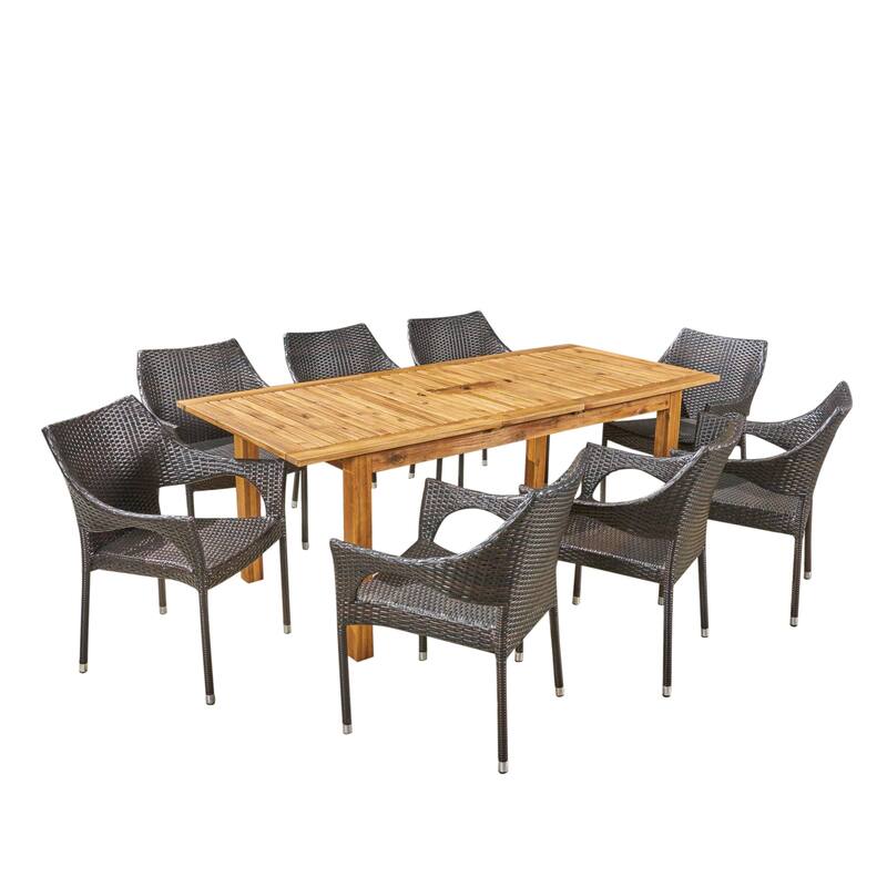 Damon Outdoor 9 Piece Wood and Wicker Expandable Dining Set by Christopher Knight Home