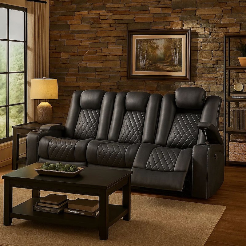 Elva 83 Inch Power Reclining Sofa, Storage Console, Blue Breathable Leather