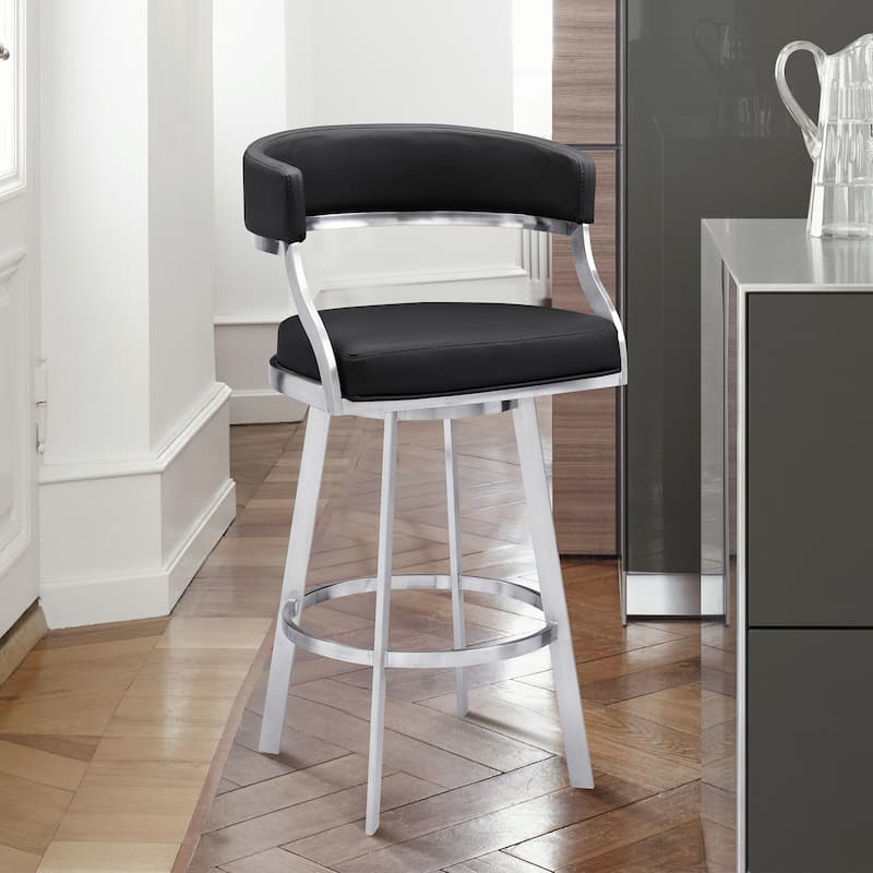 Armen Living Saturn Contemporary Barstool in Brushed Stainless Steel Finish and Black Faux Leather - Counter Height