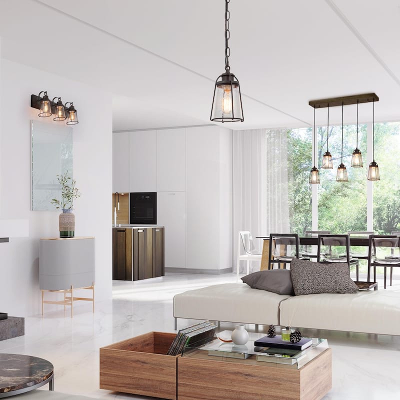 Farmsy Modern Farmhouse Linear Faux Wood Metal Chandelier Glass Adjustable Kitchen Island Pendant for Dining Room
