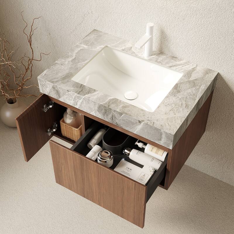 30"/36"/48" Wall-Mounted Bathroom Vanity with Ceramic Sink, Sintered Stone Countertop Floating Bathroom Storage Cabinet