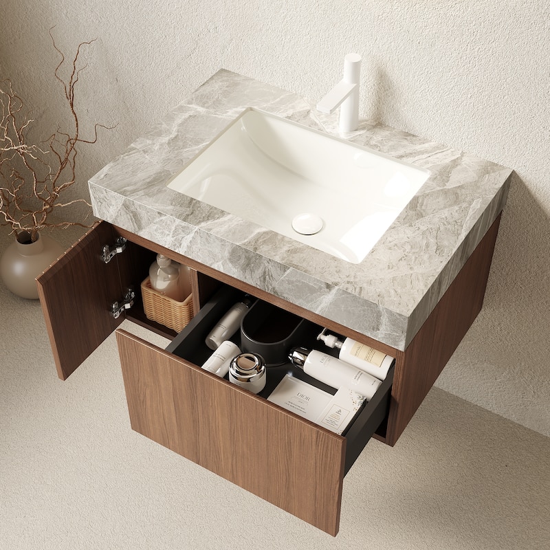 GDFStudio - Muri Modern 30" Floating Bathroom Vanity, Light Gray Sintered Stone Countertop with Ceramic Basin, WITHOUT Faucet