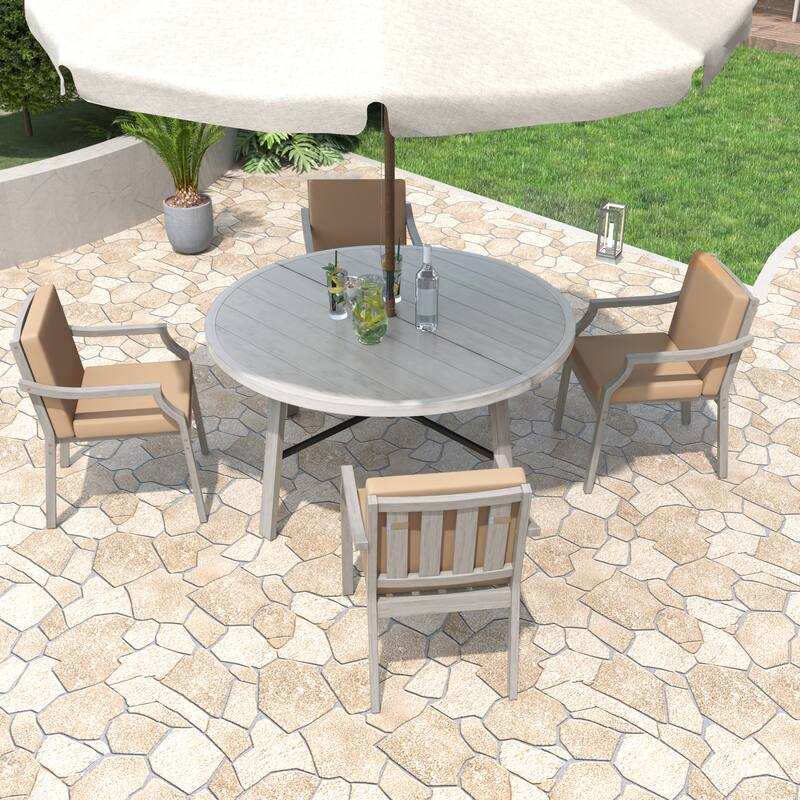 5 Piece Outdoor Acacia Wood Dining Set, Round Patio Dining Table and Chair Set with Umbrella Hole and Removable Cushions