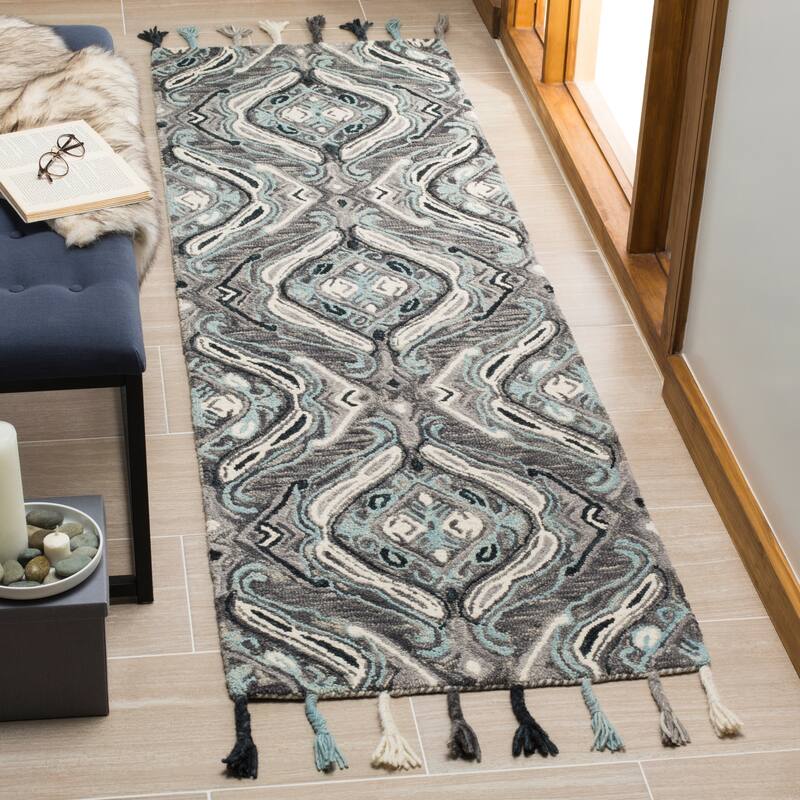 SAFAVIEH Handmade Suzani Nibal Boho Tribal Wool Rug - 2'3" x 8' Runner - Grey/Light Blue