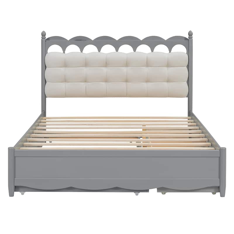 Queen Size Wooden Platform Bed with Sockets and USB Ports, Solid Pine Wood Storage Bed Frame with 2 Drawers and Twin XL Trundle