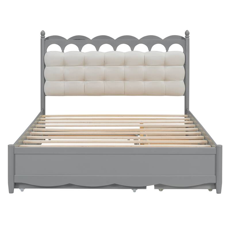 Queen Wooden Storage Platform Bed with Trundle, 2 Drawers, USB Sockets