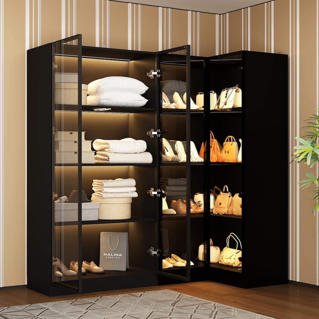 Black Glass Door Wardrobe Set with Lighting Strips, Storage Cabinet