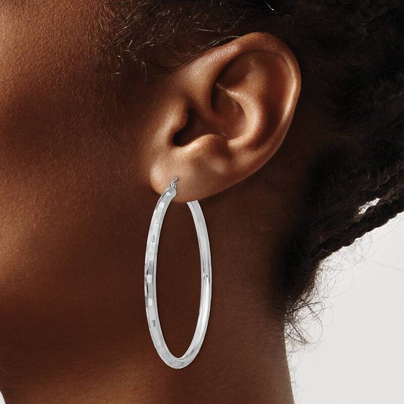 Curata 14k White Gold Textured Checkerboard 50x3mm Hoop Earrings