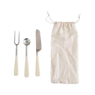 Silver Stainless Steel Appetizer Utensils with White Resin Handles (Set of 3 in Drawstring Bag)
