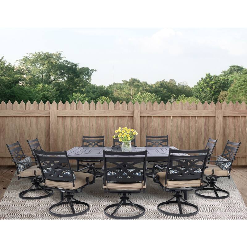 Hanover Montclair 11-Piece Dining Set in Tan with 10 Swivel Rockers and a 60-In. x 84-In. Table