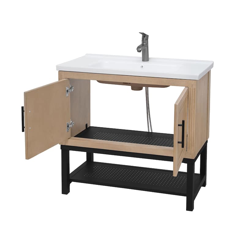 Roomfitters 36 Inch Bathroom Vanity with White Ceramic Sink and Faucet, Freestanding Cabinet with 2 Doors, Natural