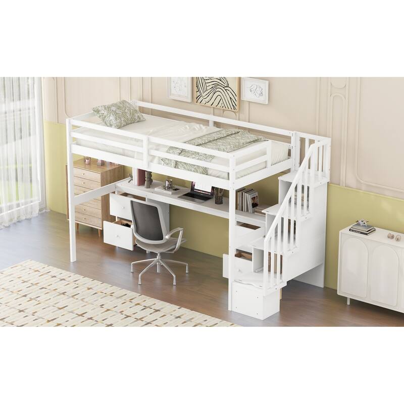 Twin Loft Bed with Built-in Desk and Double Drawers, White