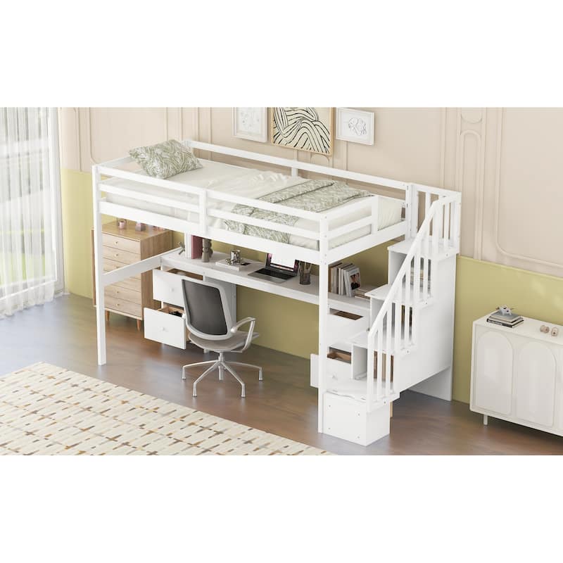 White Twin Size Solid Wood Loft Bed with Built-in Desk and Storage Drawers