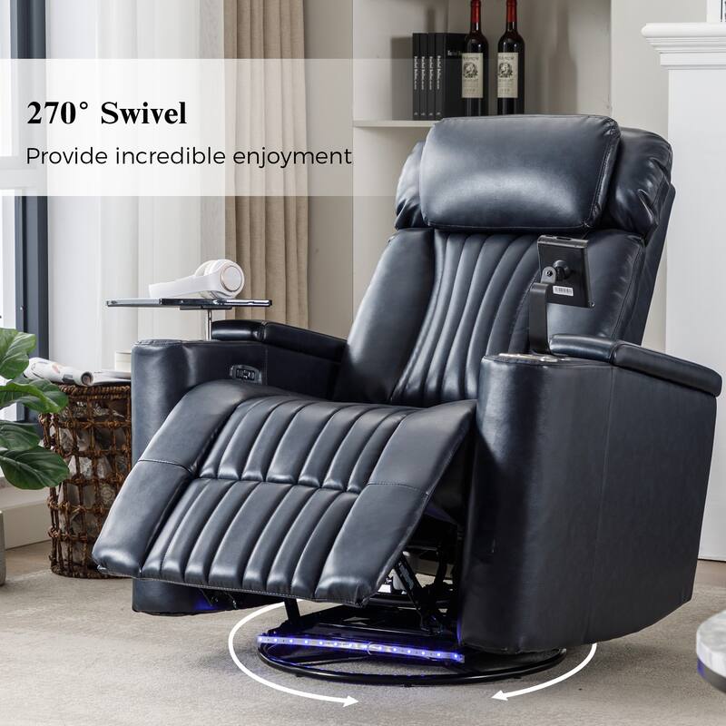 270° Swivel Home Theater Seat with LED Lights, Hidden Arm Storage, Tray Table & Phone Stand, Cup Holders, USB Port