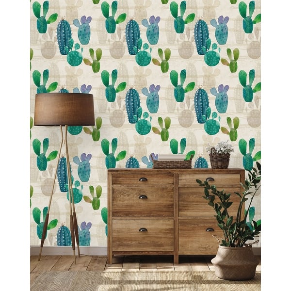 slide 2 of 2, Watercolor Cactus Wallpaper 25"W x 125"H - Peel-and-Stick