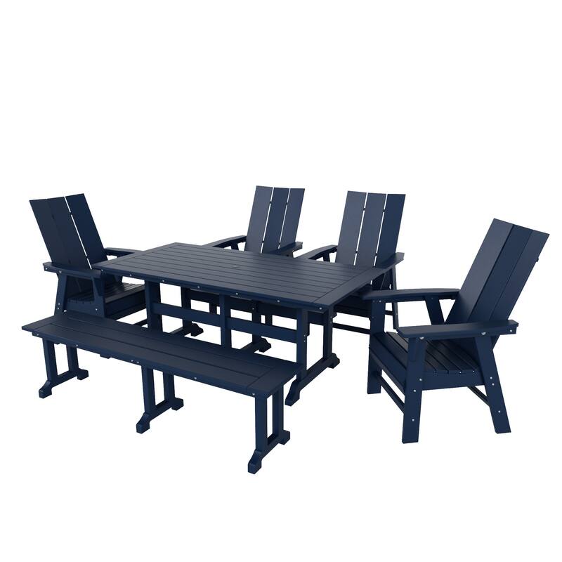 Shoreside 6-Piece Rectangular Poly Eco-Friendly All Weather Outdoor Dining Set with Bench - Navy Blue
