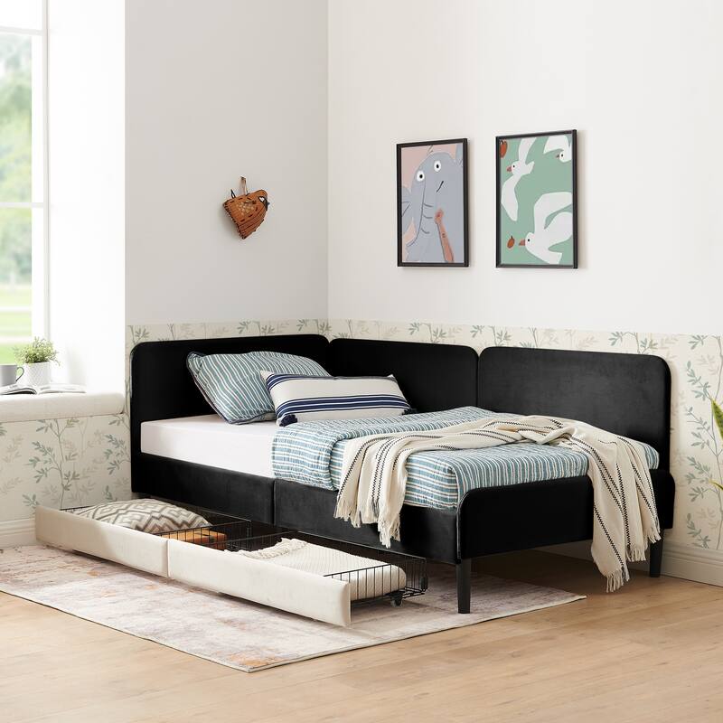 Twin Size Upholstered Platform Bed Frame With 2 Storage Drawers, Adjustable Velvet Sofa Bed